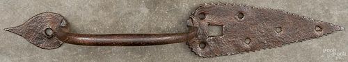 Wrought iron thumb latch, ca. 1800, with a sawtooth edge, 13'' h.