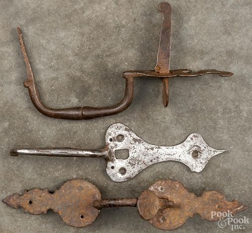 Three wrought iron thumb latches, ca. 1800, largest - 10 1/2'' h.