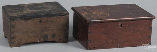 Two Pennsylvania pine lock boxes, 19th c., 4 1/4'' h., 9'' w., 6'' d. and 4 1/4'' h., 7 7/8'' w.