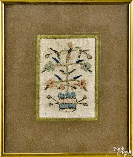 Miniature silk and metallic thread needlework, 19th c., of potted flowers, 4'' x 2 3/4''.