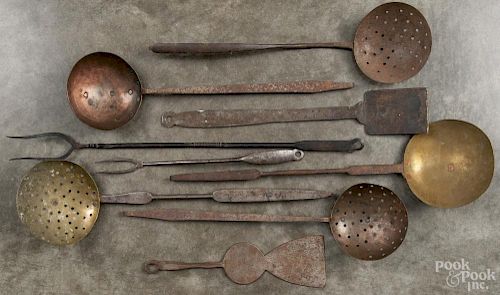 Nine wrought iron, brass, and copper kitchen utensils, 19th c.