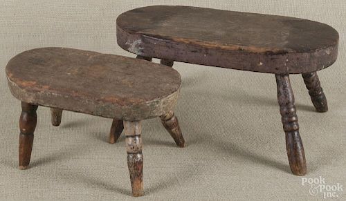 Two painted wooden splay leg stools, 19th c., 7'' h. and 5 1/2'' h.