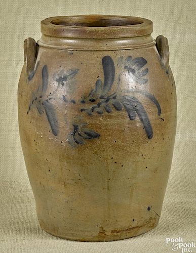 Pennsylvania three-gallon stoneware crock, 19th c., with double-sided cobalt floral decoration