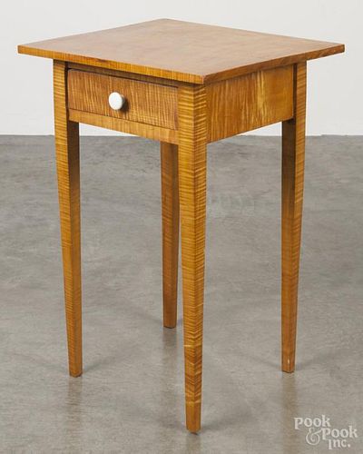 Bench made tiger maple one-drawer stand, 25 1/4'' h., 18 1/4'' w., 17'' d.