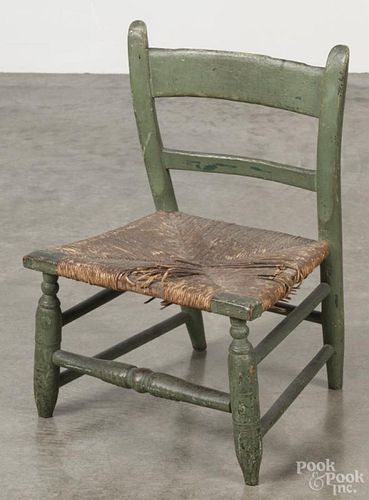 Child's painted rush seat chair, late 19th c., retaining an old green surface, 20'' h.