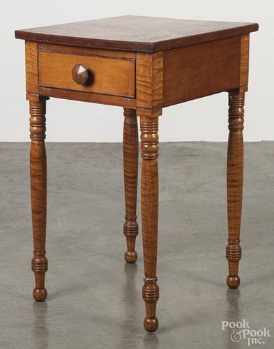 Pennsylvania Sheraton tiger maple one-drawer stand, 19th c., 27 3/4'' h., 16 1/4'' w., 18 1/2'' d.