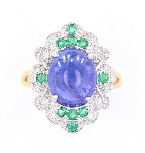 Tanzanite (7.28ct) Emerald & Diamond 18K Ring
