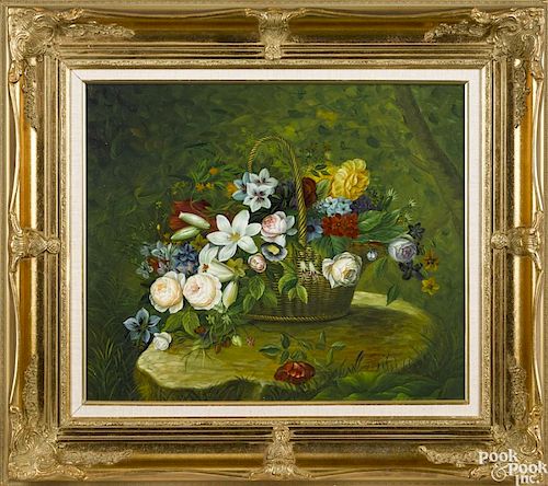 Contemporary oil on canvas still life with flowers, 20'' x 24''.