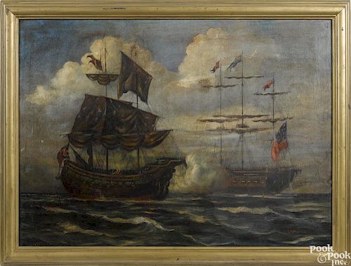 American oil on canvas naval engagement, 20th c., signed LA Stanton, 26'' x 36''.