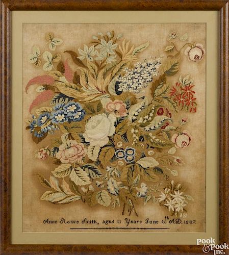Pennsylvania wool needlework, dated 1847, wrought by Anne Rowe Smith, 21 1/2'' x 19''.