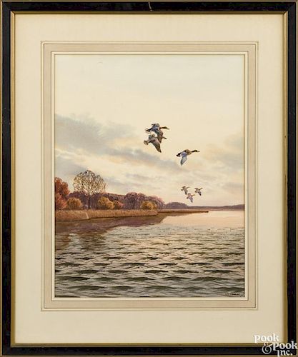 John Sudy (American 1880-1960), watercolor of ducks in flight, signed lower right, 18'' x 14''.