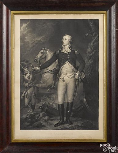 Engraving after Trumbull, of General Washington, 25'' x 17 1/2''.