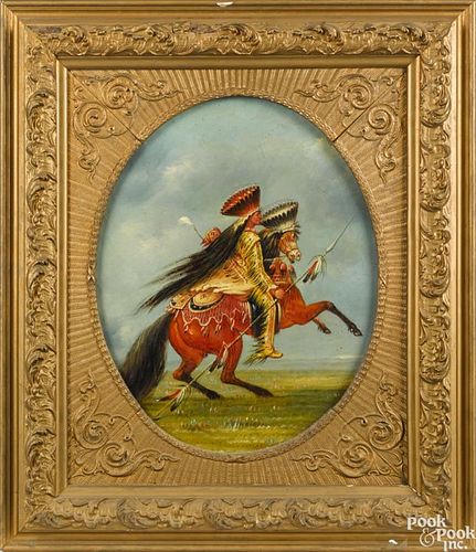Oil on panel of a Native American on horseback, mid 20th c., 20'' x 16''.