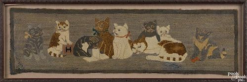 American hooked rug with cats, early 20th c., frame - 13 1/4'' x 40''.
