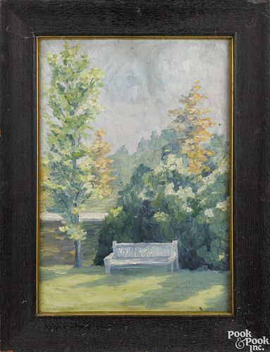 Mary Cooper Johnson (American, early 20th c.), oil on paper, titled The White Bench, 20'' x 14''.