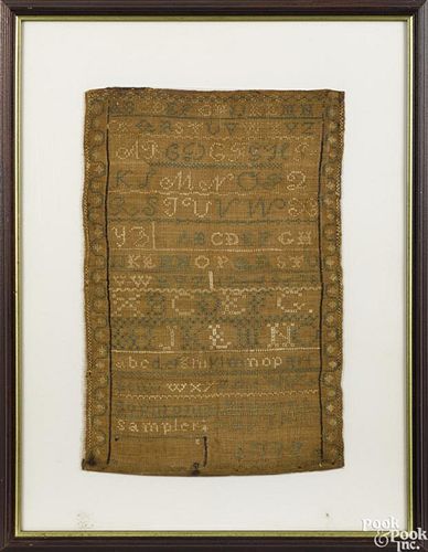 Silk on linen sampler, dated 1772, wrought by Saphronia Brown, 17 3/4'' x 12''.