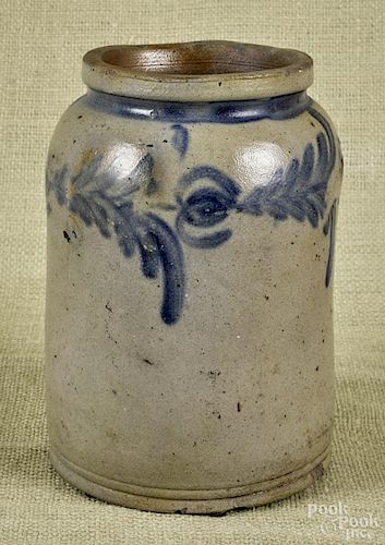 Mid-Atlantic stoneware crock, 19th c., with cobalt decoration, 8 1/4'' h.