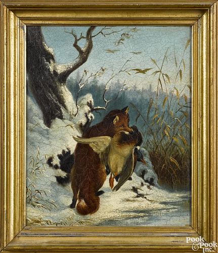 Oil on board of a fox and duck, late 19th c., signed E. Lupus, 12'' x 10''.