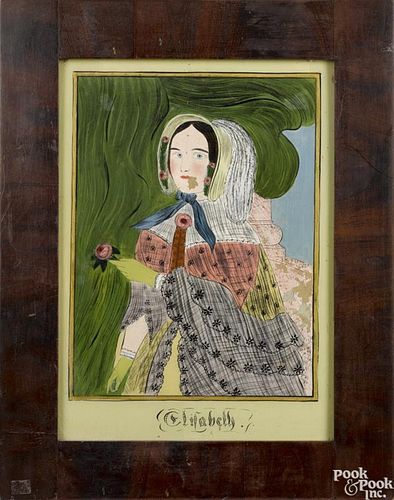 Reverse painted portrait, early 20th c., titled Elisabeth, 14'' x 10''.
