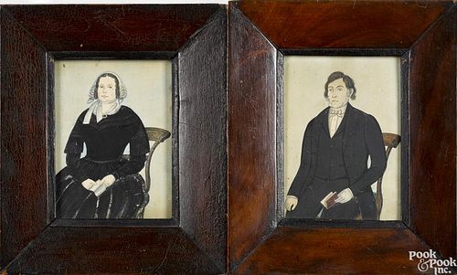 Pair of watercolor and gouache portraits, ca. 1840, of a man and woman, 6'' x 4 1/4''.