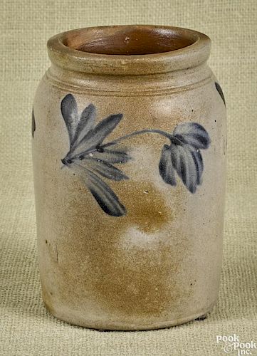 Small Pennsylvania stoneware crock, 19th c., with cobalt floral decoration, 7'' h.