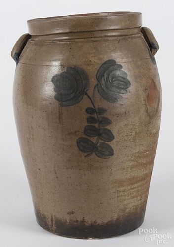Five-gallon stoneware crock, 19th c., with double-sided cobalt floral decoration, 16 1/2'' h.