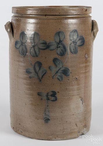 Maryland stoneware crock, 19th c., with double-sided cobalt floral decoration, 15 1/4'' h.