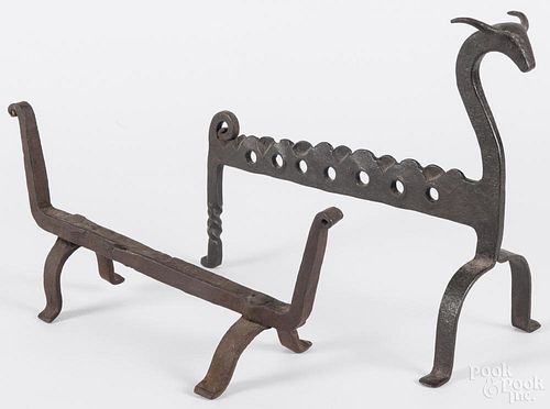 Two wrought iron tool rests, probably 19th c., 11'' h., 12 1/4'' w. and 6'' h., 13 1/4'' w.