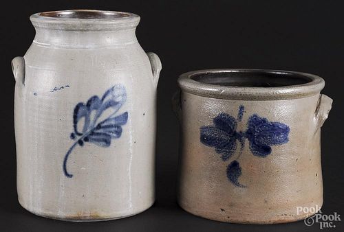 Two stoneware crocks, 19th c., probably New Jersey, with cobalt floral decoration, 7'' h.