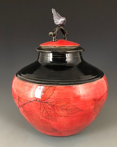 Sumi-e Bird Jar in Red and Black with Oriental Knob