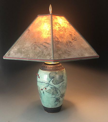 Wild Grapevine Lamp in Celadon with Red Berries