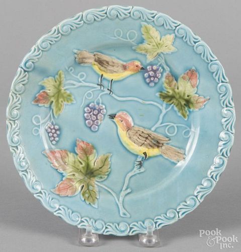Majolica plate with bird and grapevine decoration, late 19th c., 8 1/2'' dia.
