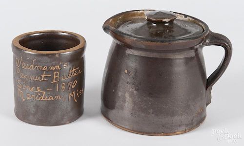 Two pieces of earthenware, to include a Weidmann's peanut butter crock, 3 5/8'' h.