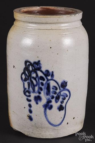Stoneware crock, 19th c., with cobalt fruit decoration, the reverse initialed I.G., 10 1/4'' h.