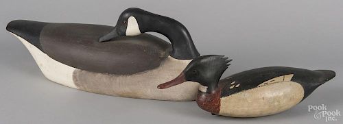 Carved and painted merganser decoy, branded J. Hamilton, 18 1/2'' l., together with a Canada goose