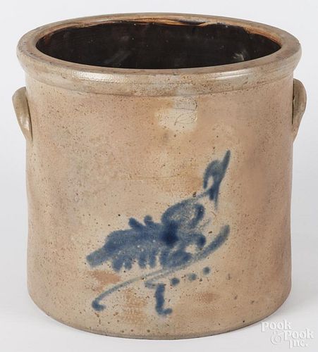 Two-gallon stoneware crock, 19th c., with cobalt bird decoration, 9 1/2'' h.