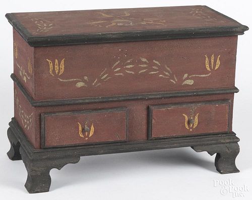 Bench made miniature painted blanket chest with tulip decoration, 11 3/4'' h., 17'' w.