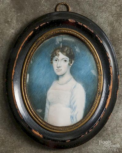 Miniature watercolor on ivory portrait of a young woman, ca. 1830, 3 1/4'' x 2 1/2''.