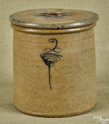 Mid-Atlantic two-gallon stoneware covered crock, 19th c., with cobalt decoration on body and lid