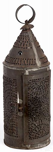 Punched tin lantern, 19th c., inscribed Burnham T. Corey, 14 1/2'' h.