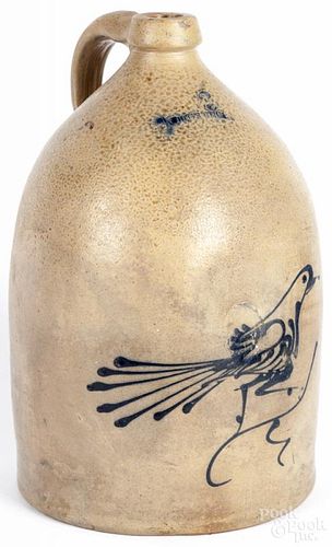 New York stoneware jug, 19th c., impressed Whites Utica, with cobalt bird decoration, 16 1/4'' h.