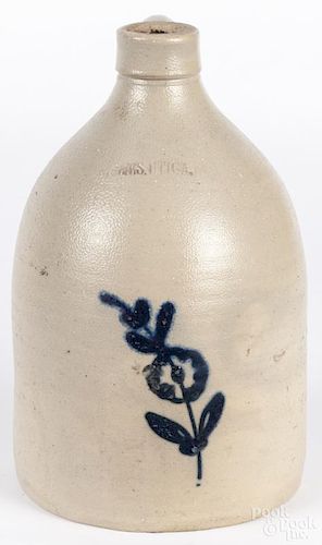 New York stoneware jug, 19th c., impressed Whites Utica, with cobalt flower decoration, 10 3/4'' h.