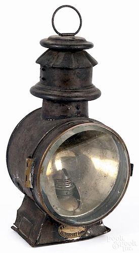 Tin lamp by White Mfg. Co., Bridgeport, Connecticut, together with two lanterns, tallest - 16''.