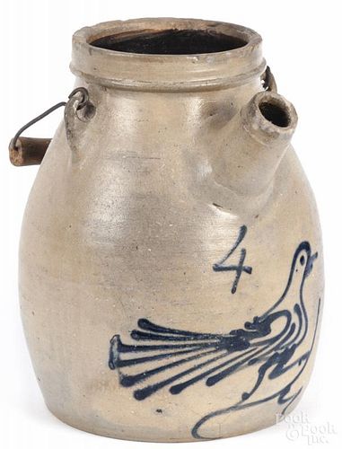 Stoneware batter jug, 19th c., probably New York, with cobalt bird decoration, 9 3/4'' h.
