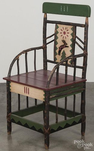 Folk art painted Adirondack armchair, 20th c. Provenance: Estate of George Albicker, Utica, NY.