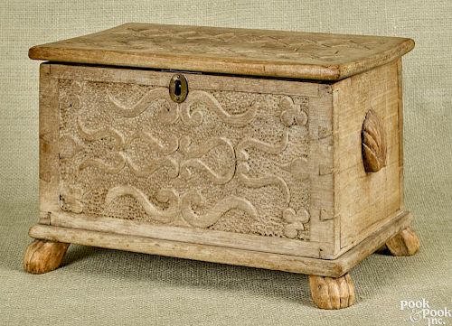 Pennsylvania carved poplar lock box, late 19th c., the lid inscribed Pro Re Rata, 8 1/4'' h.