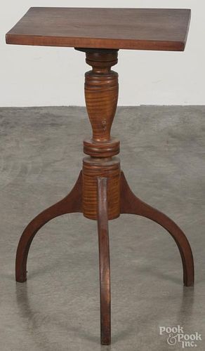 Diminutive cherry and tiger maple candlestand, ca. 1820, 25 3/4'' h., 14 1/2'' w.