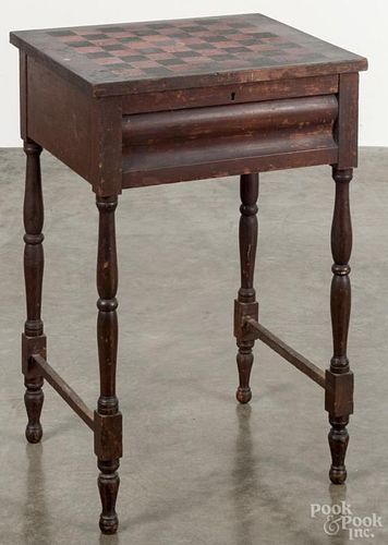 Stained cherry stand, mid 19th c., with a gameboard painted top, 27 3/4'' h., 18 1/4'' w.
