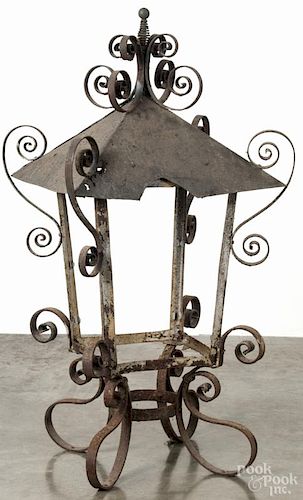 Large iron lantern, late 19th c., 47'' h. Provenance: Estate of George Albicker, Utica, NY.