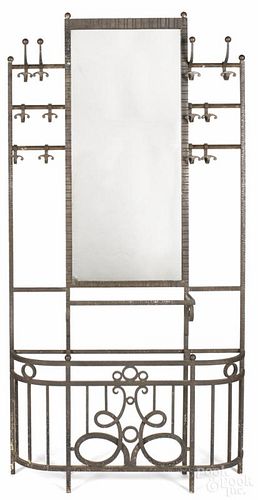Arts and Crafts style iron hall tree, 85 1/2'' h., 43'' w.